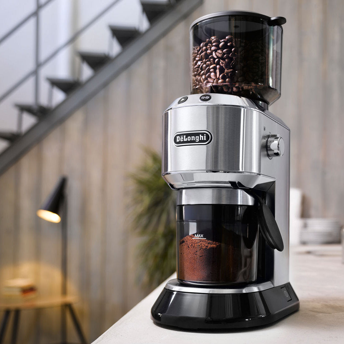 Dedica Conical Burr Grinder with Portafilter Attachment, 6.9 x 11.2 x 18.1 inches, Silver — product view 7