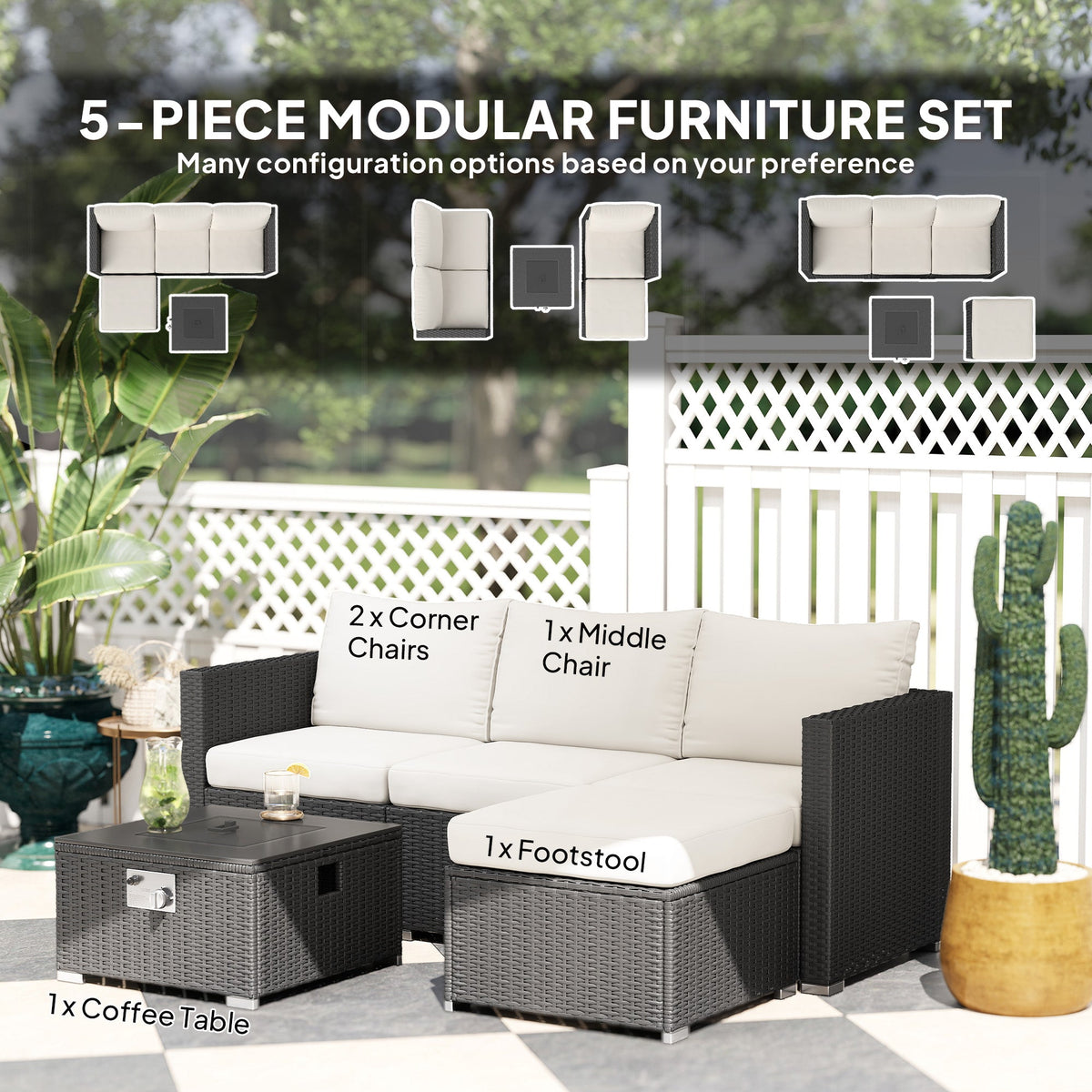 5 Piece Rattan Garden Furniture Set with Gas Fire Pit Table & Footstool, Black/Cream — product view 6