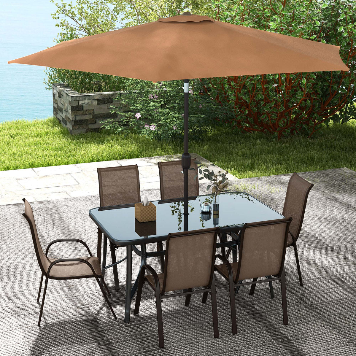 8-Piece Patio Dining Set with 9 Ft Table Umbrella, Mixed Brown — product view 3