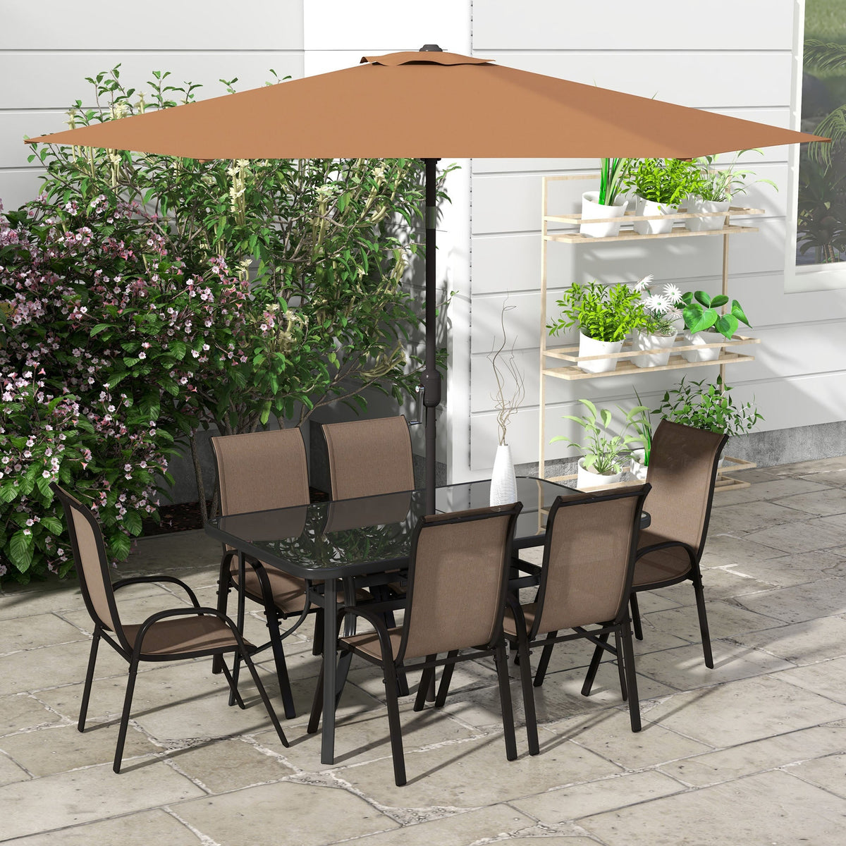 8-Piece Patio Dining Set with 9 Ft Table Umbrella, Mixed Brown — product view 4