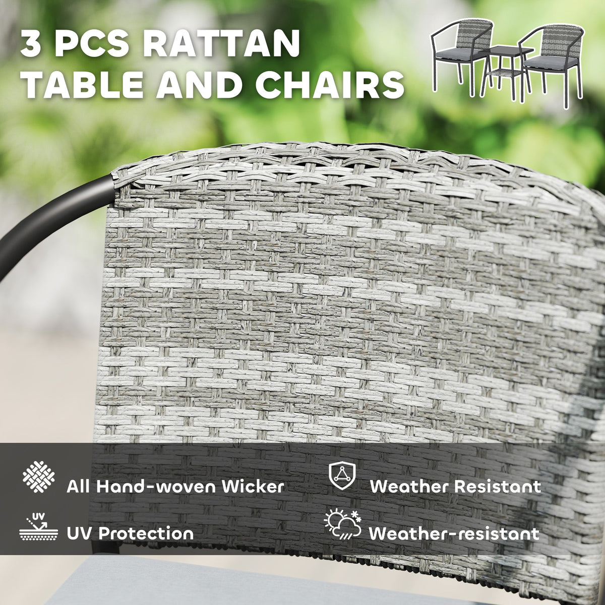 3pc Wicker Bistro Set with Cushions and 2-Tier Glass Table, Dark Grey — product view 6
