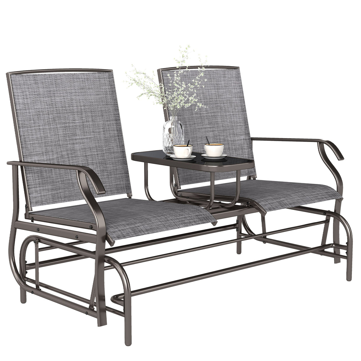 2 Seats Garden Glider Bench with Glass Top  Centre Table, Brown/ Grey — product view 2