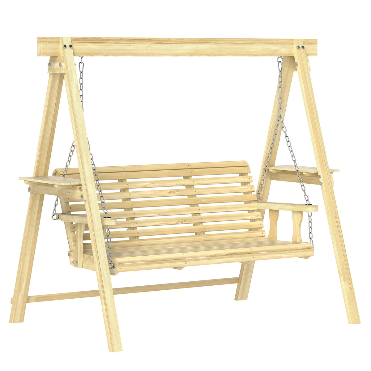 3-Seat Wooden Porch Swing with Stand and Side Tables, Natural Wood — product view 2