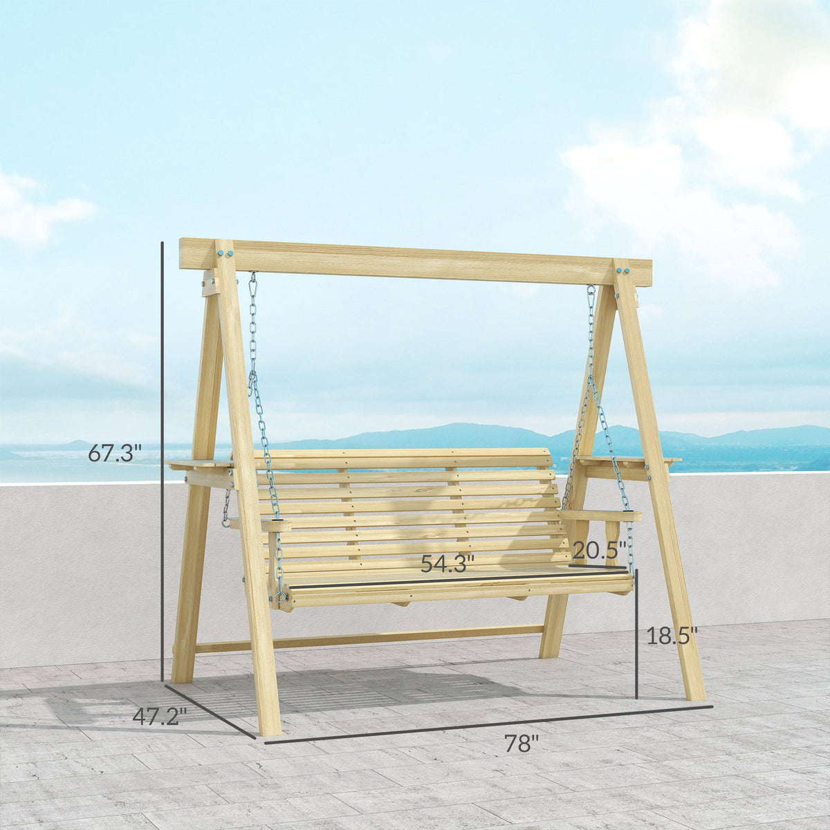 3-Seat Wooden Porch Swing with Stand and Side Tables, Natural Wood — product view 5