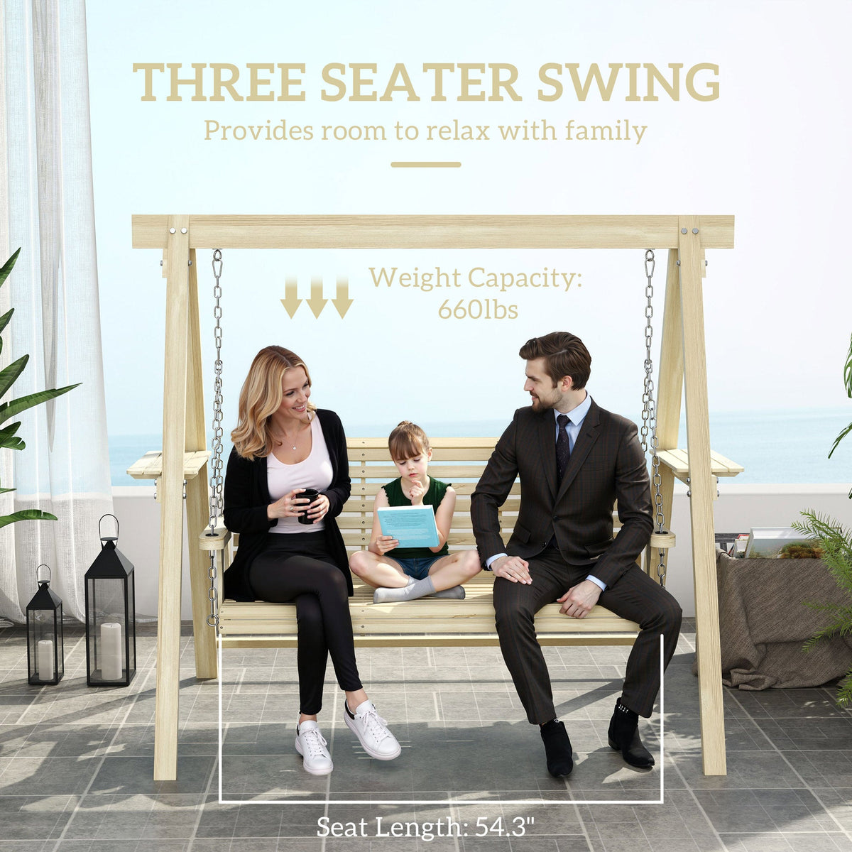 3-Seat Wooden Porch Swing with Stand and Side Tables, Natural Wood — product view 6