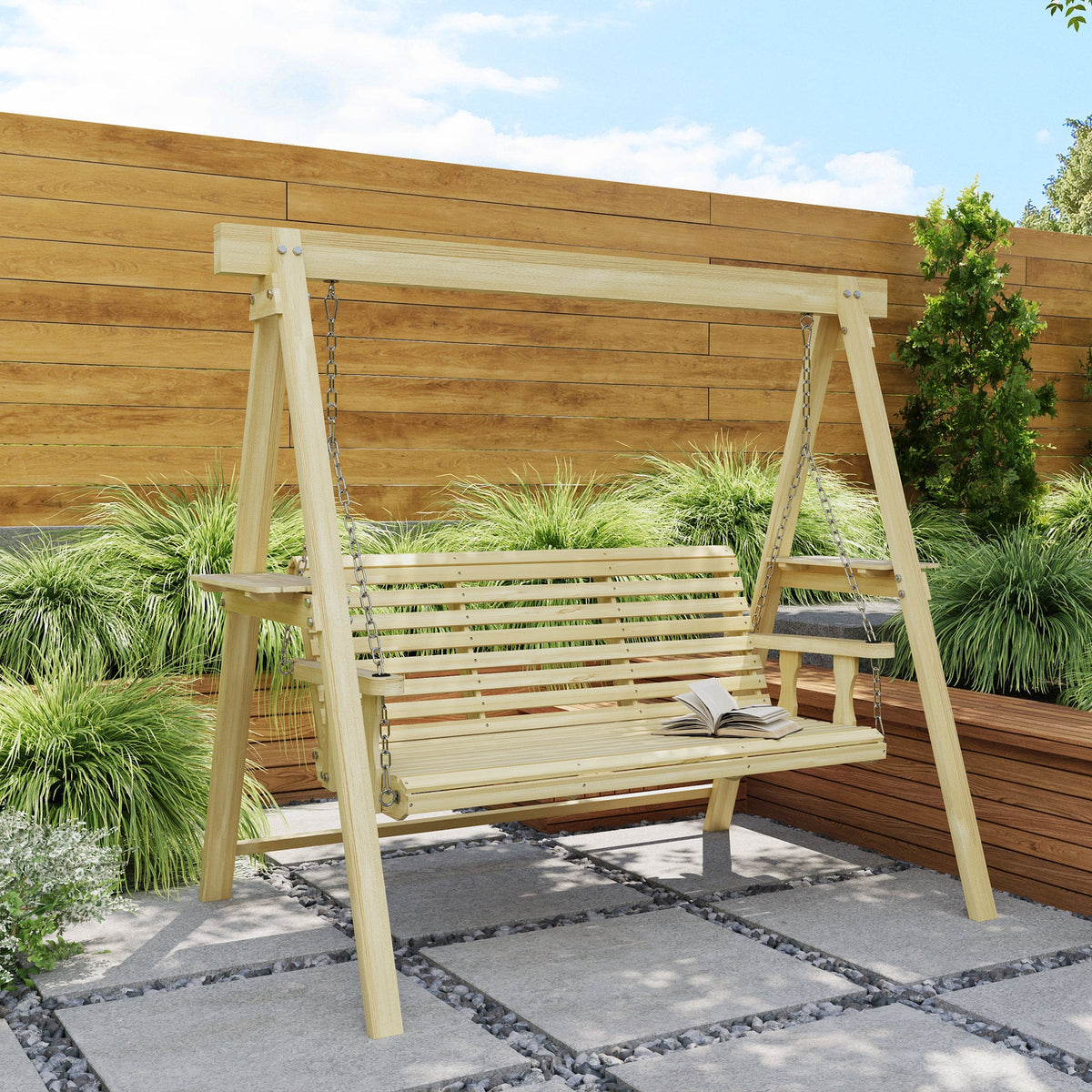 3-Seat Wooden Porch Swing with Stand and Side Tables, Natural Wood — product view 3