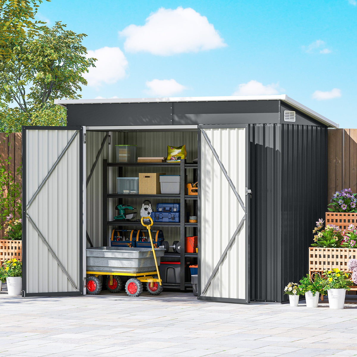 7.5' x 4.3' Metal Outdoor Storage Shed with Lockable Doors, Dark Grey — product view 4