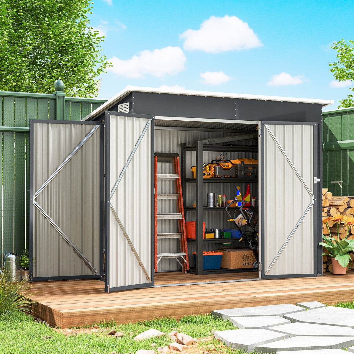 7.5' x 4.3' Metal Outdoor Storage Shed with Lockable Doors, Dark Grey — product view 3
