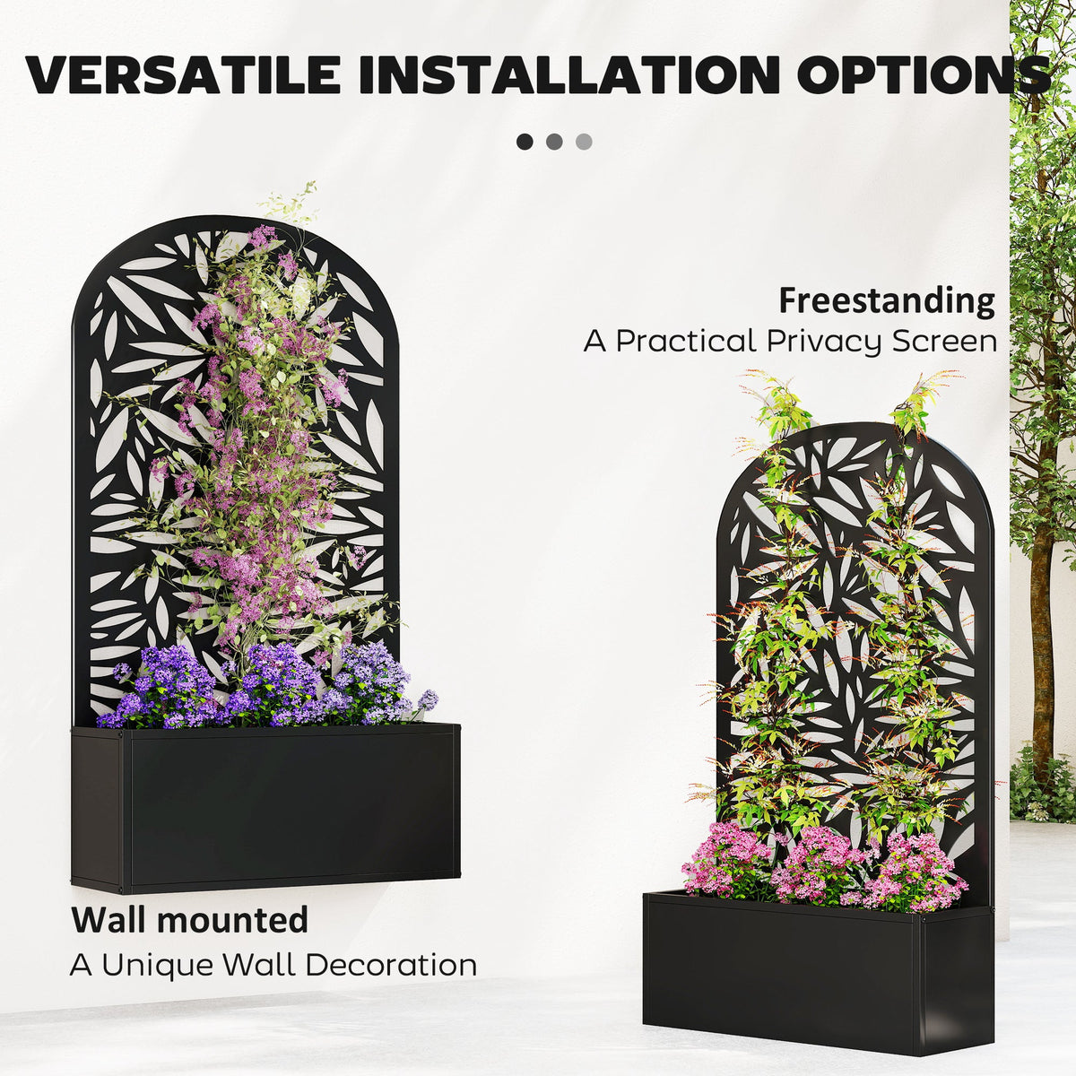 Metal Raised Garden Bed with Curved Trellis Panel, Leaves Cut-Out — product view 7