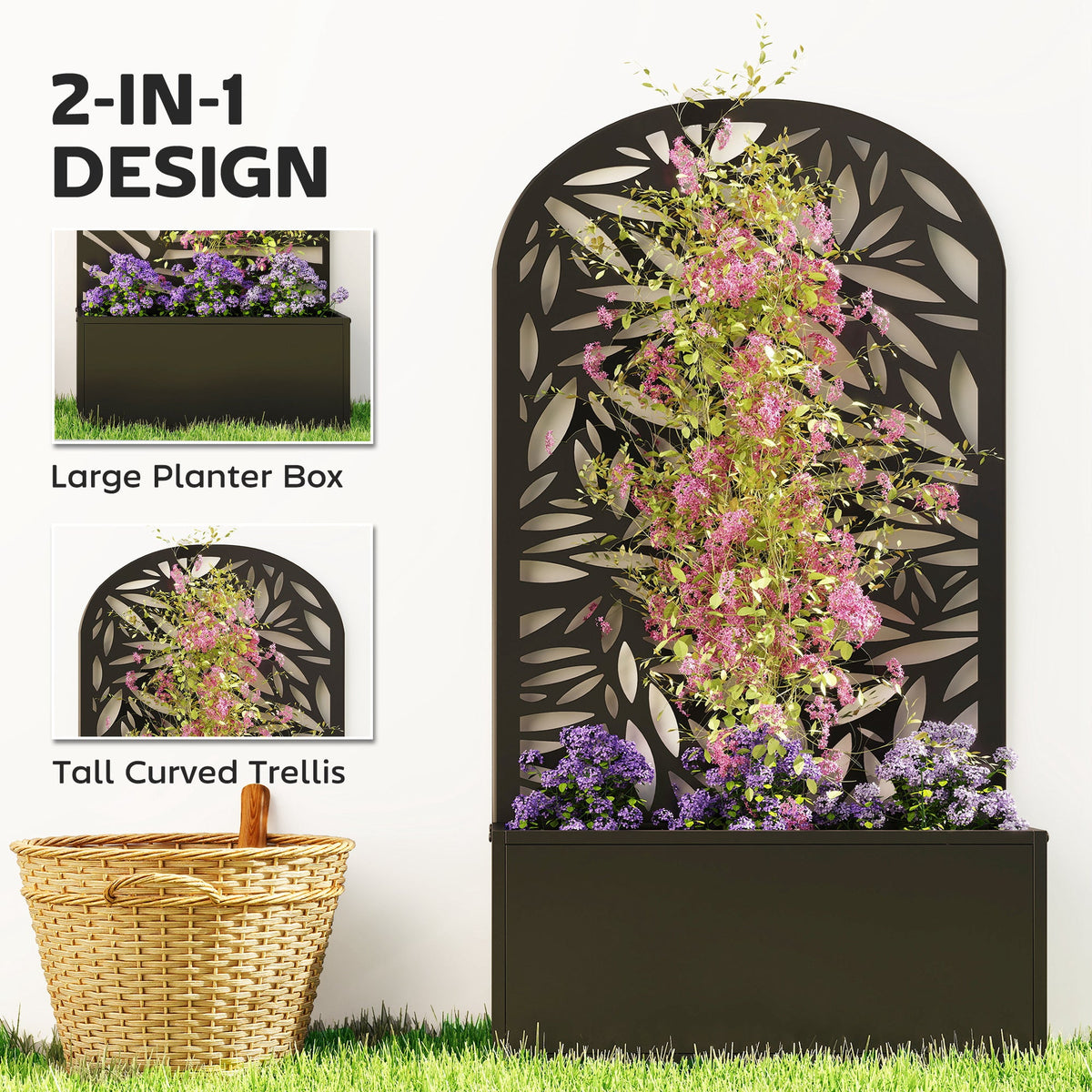 Metal Raised Garden Bed with Curved Trellis Panel, Leaves Cut-Out — product view 6