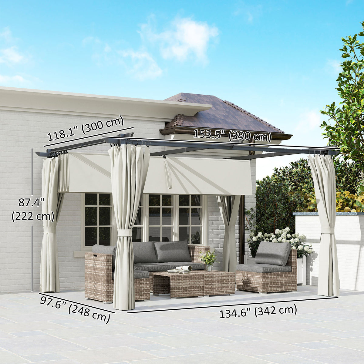 10' x 13' Retractable Pergola Canopy with Curtains, Cream White — product view 5