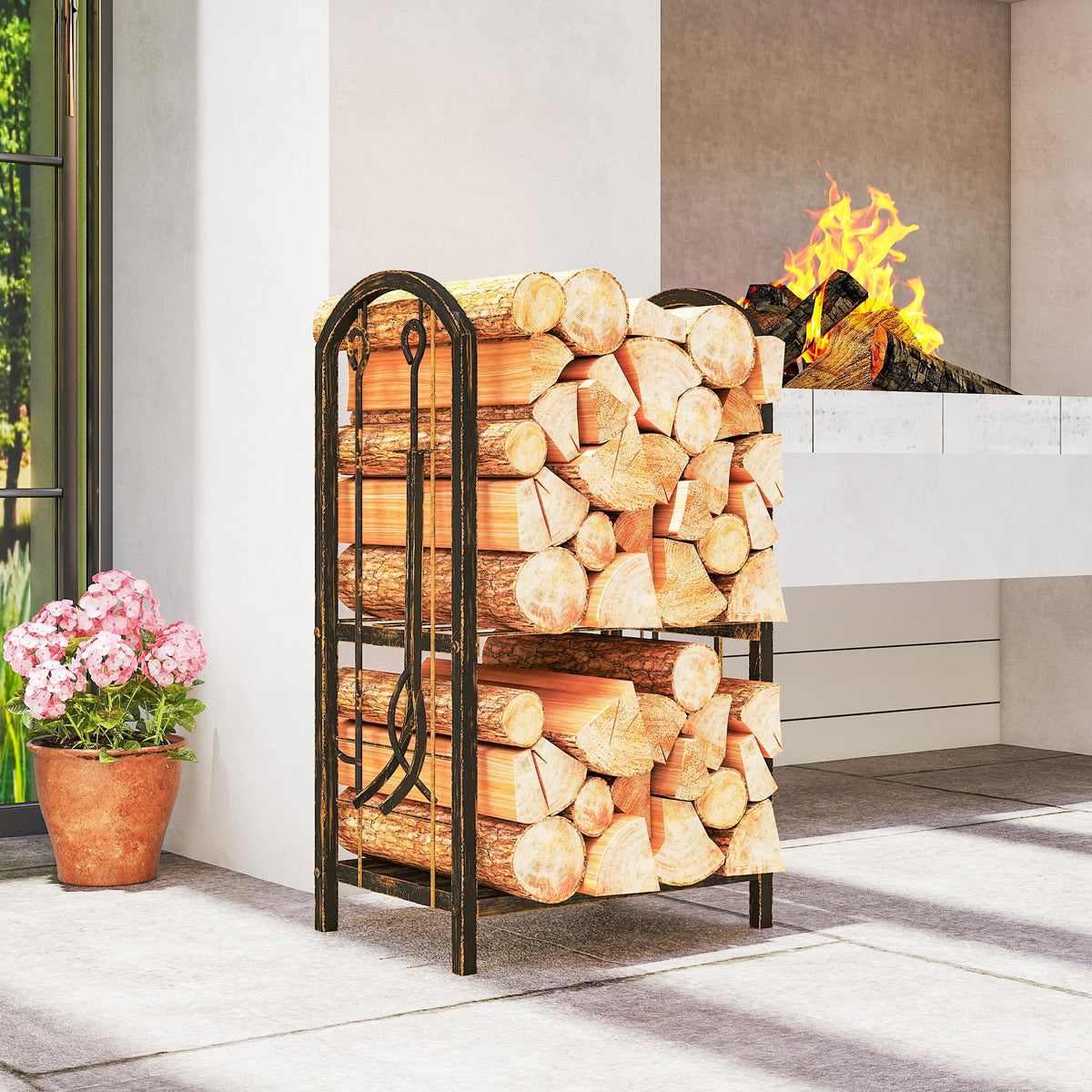 2-Tier Firewood Rack with 4 Fireplace Tools & Hooks, 220 lb Capacity, Coffee Brown — product view 4