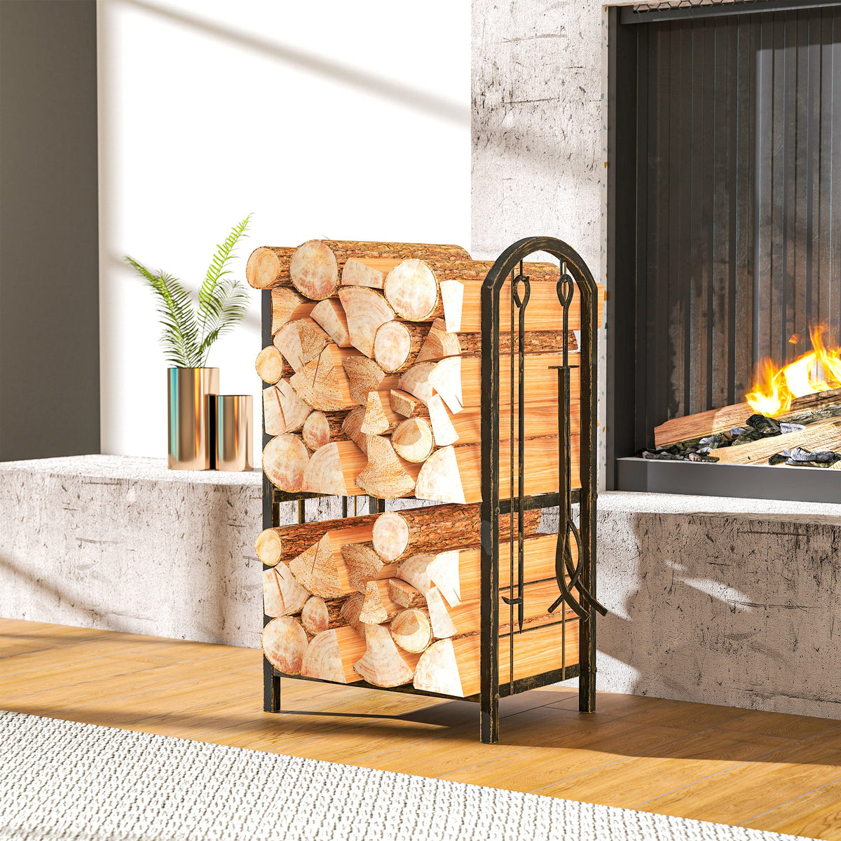 2-Tier Firewood Rack with 4 Fireplace Tools & Hooks, 220 lb Capacity, Coffee Brown — product view 3