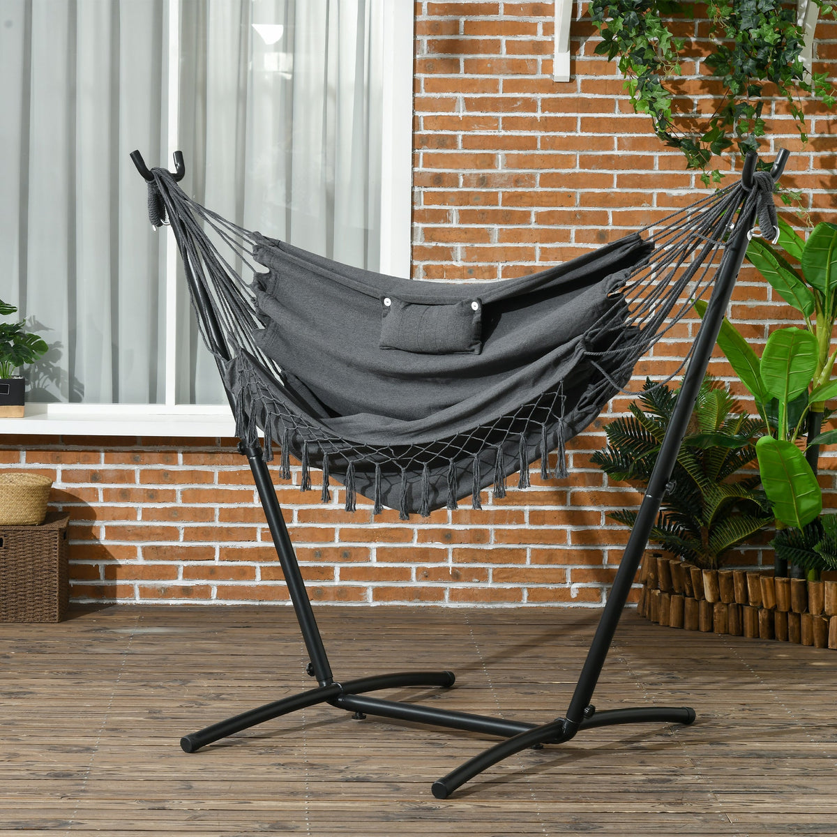 Patio Hammock Chair with Stand, Headrest and Side Pocket, Dark Grey — product view 4