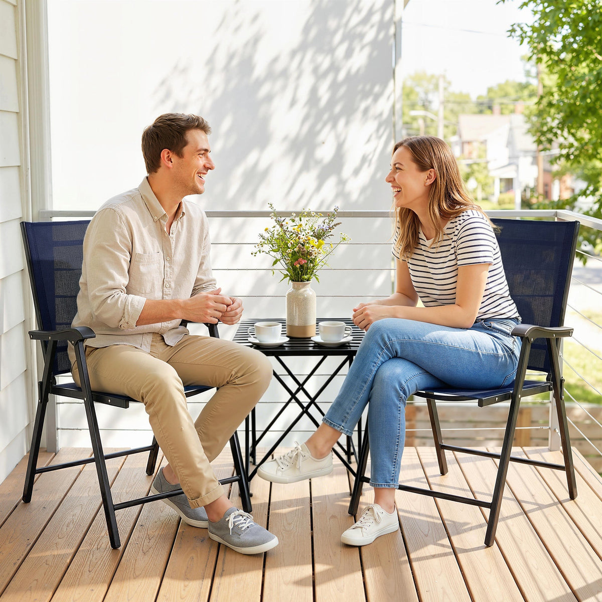Set of 2 Folding Garden Chairs with High Back and Armrests, Navy Blue — product view 4