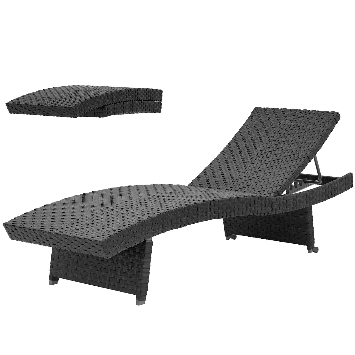 Folding PE Rattan Sun Lounger with Wheels & Adjustable Backrest, Black — product view 2