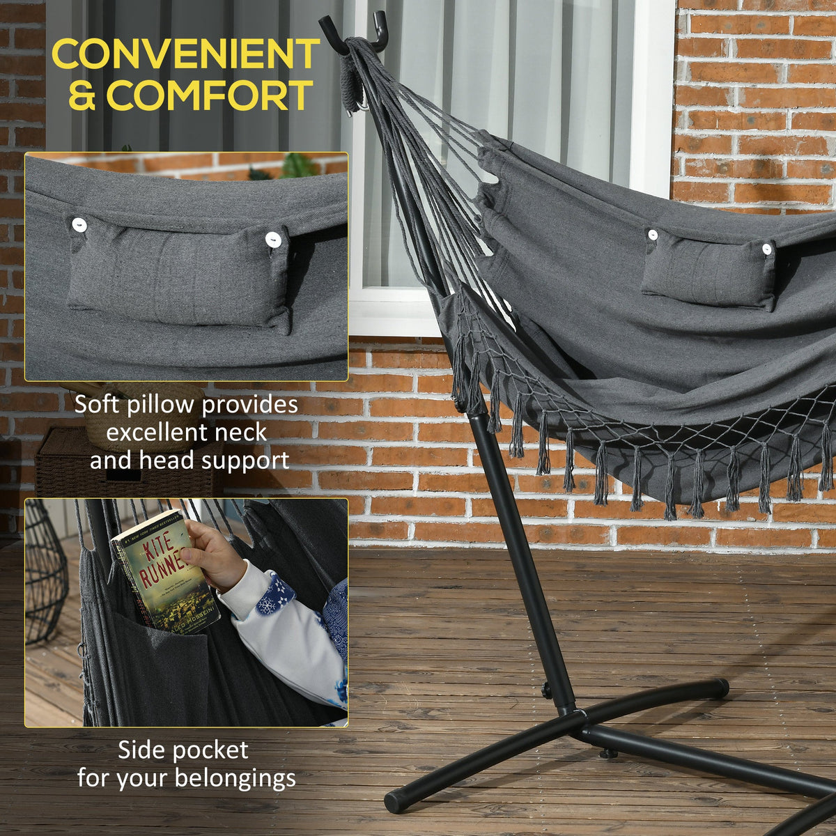 Patio Hammock Chair with Stand, Headrest and Side Pocket, Dark Grey — product view 7