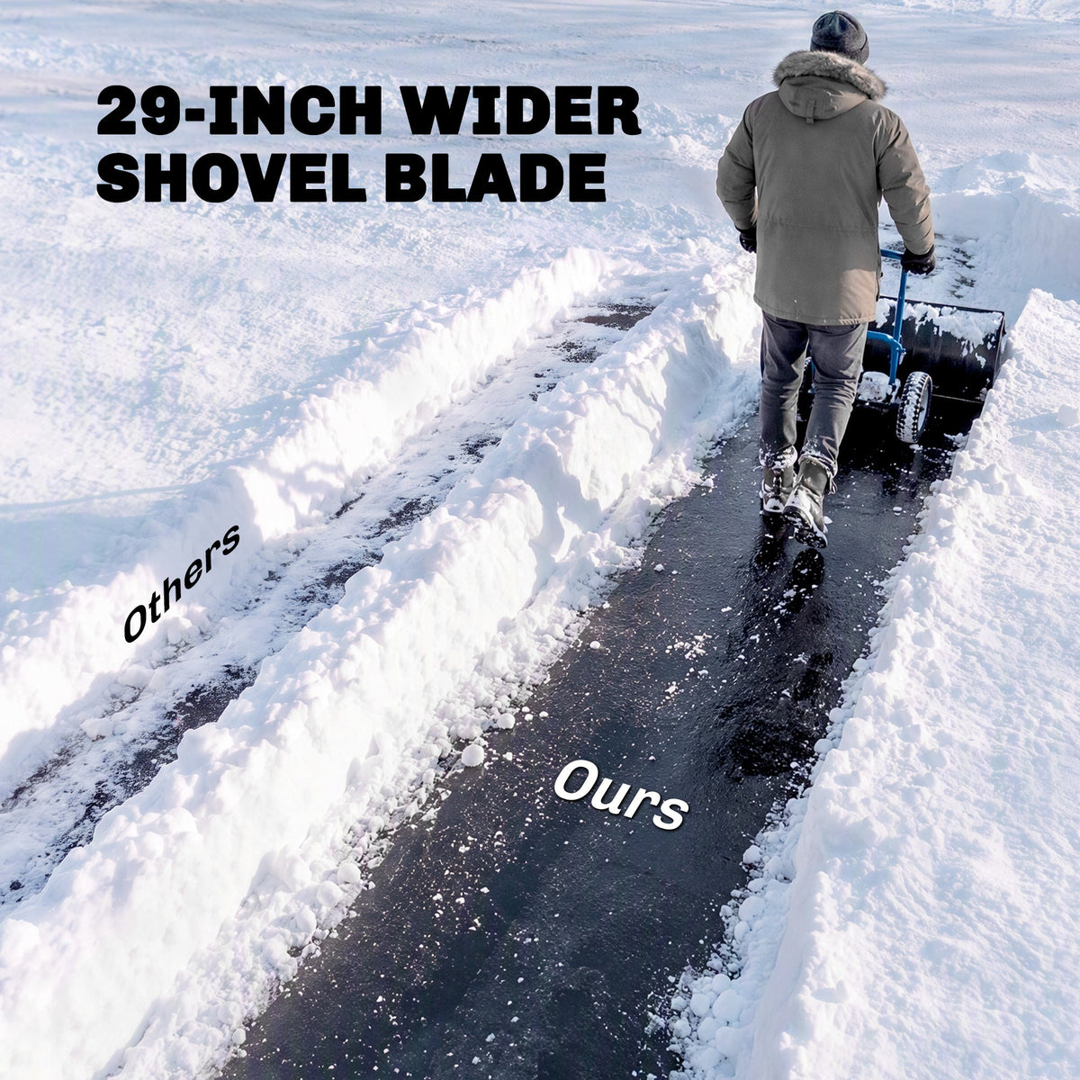 Heavy-Duty Metal Snow Pusher with Wheels, Adjustable Handle, 29" x 18" Blue — product view 6