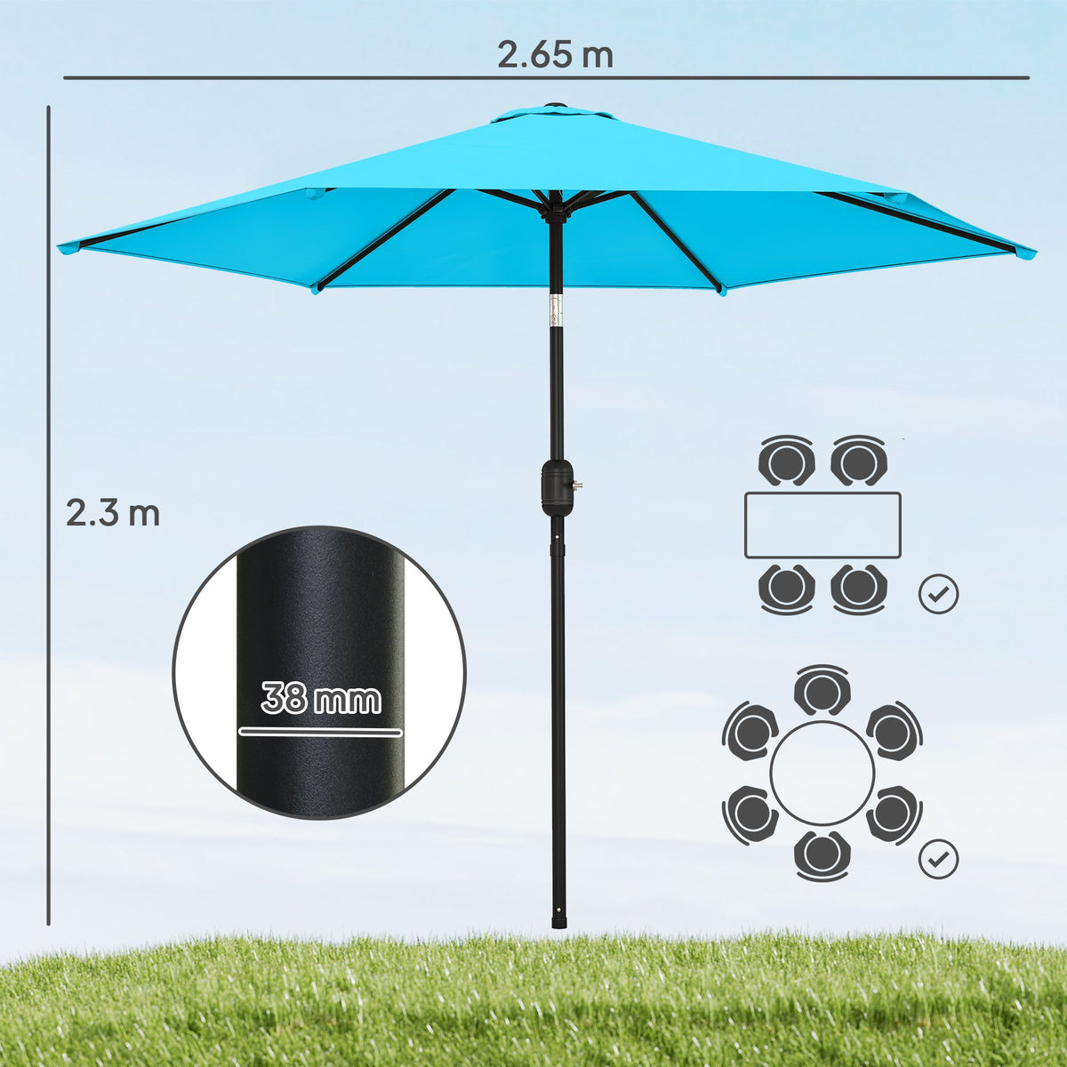 2.6 m Garden Parasol with Tilt, Crank, Vent & Aluminium Pole, Blue — product view 5