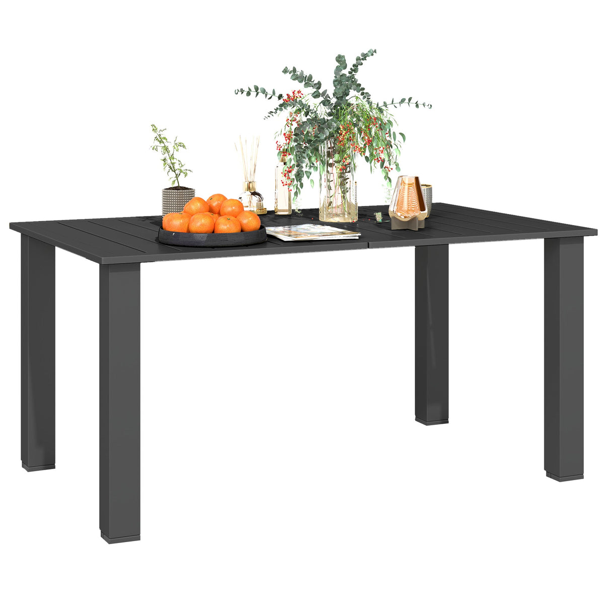150 x 90 x 73 cm Garden Table with Parasol Hole for 6, Black — product view 2