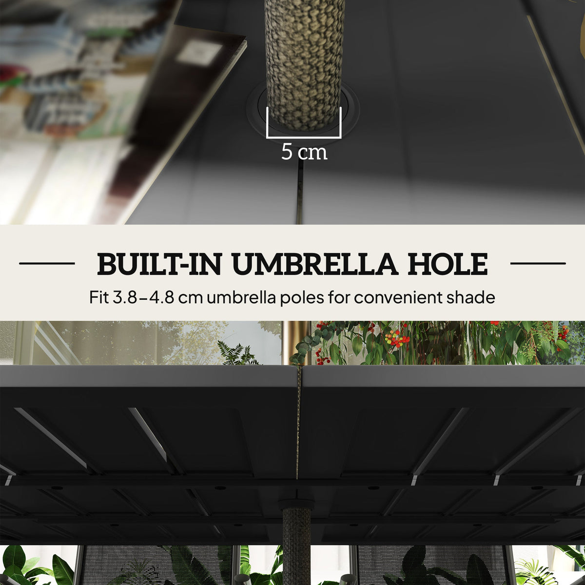 150 x 90 x 73 cm Garden Table with Parasol Hole for 6, Black — product view 7