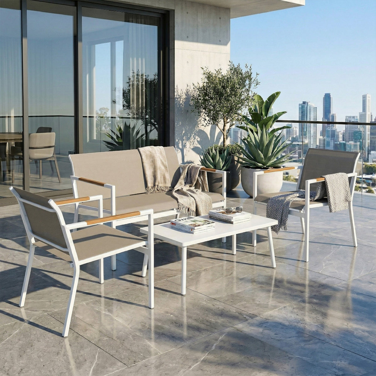 4-Seater Outdoor Sofa Set with Loveseat, 2 Armchairs & Metal-Top Table, Khaki — product view 3