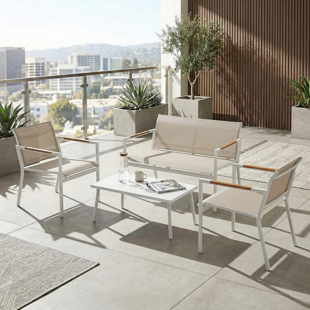 4-Seater Outdoor Sofa Set with Loveseat, 2 Armchairs & Metal-Top Table, Khaki — product view 4