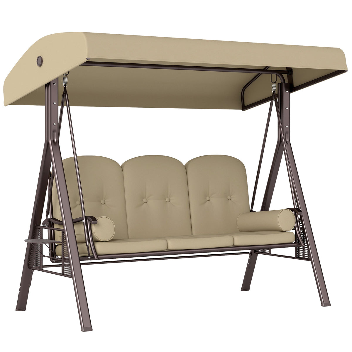 3 Seater Canopy Swing Chair with Cushions & Cup Trays, Brown — product view 1