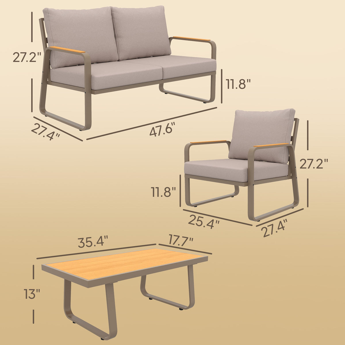 4-Piece Patio Set with Metal Frame and Cushions, Loveseat & 2 Chairs, Brown — product view 5