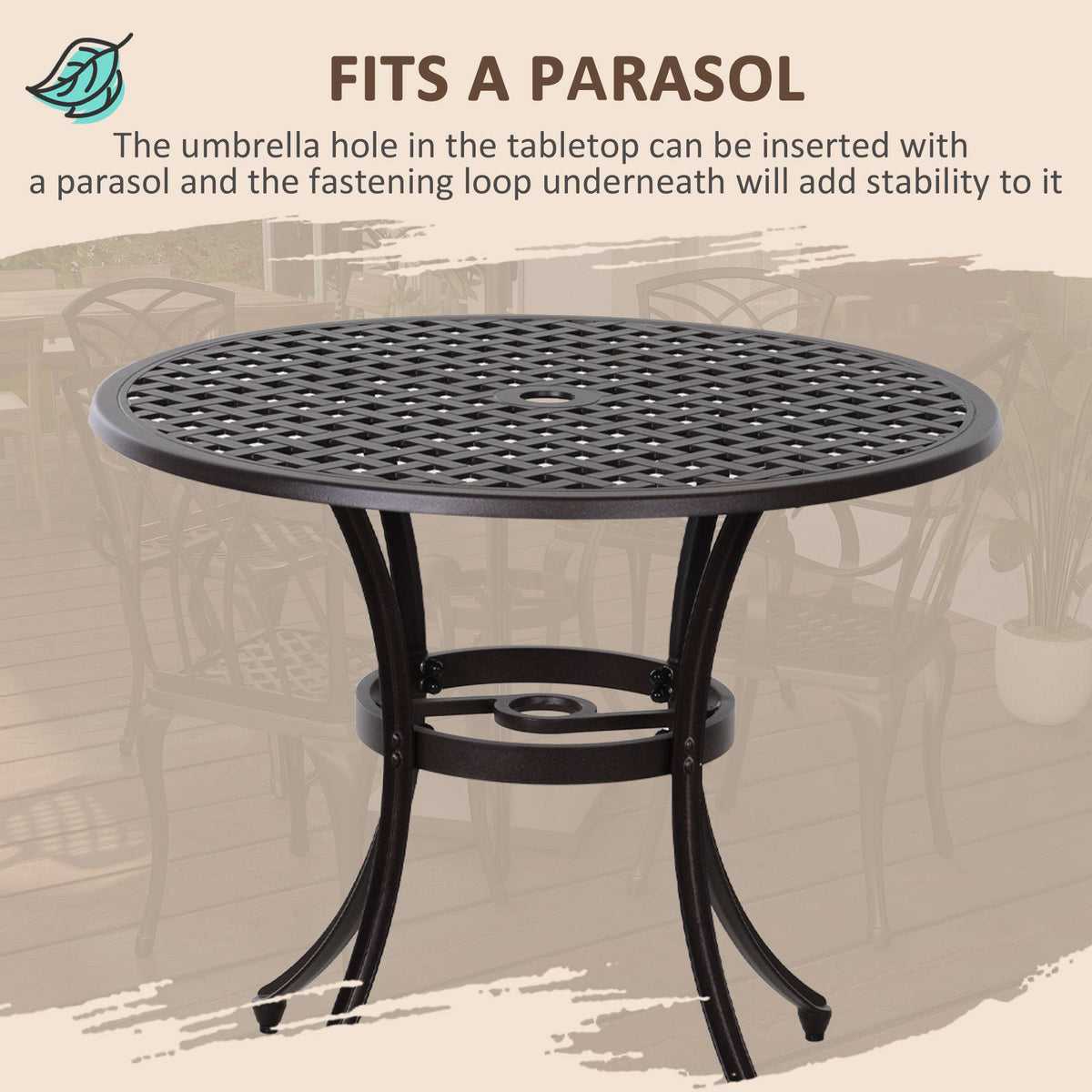 5 Piece Cast Aluminium Garden Dining Set with Parasol Hole, Brown — product view 7