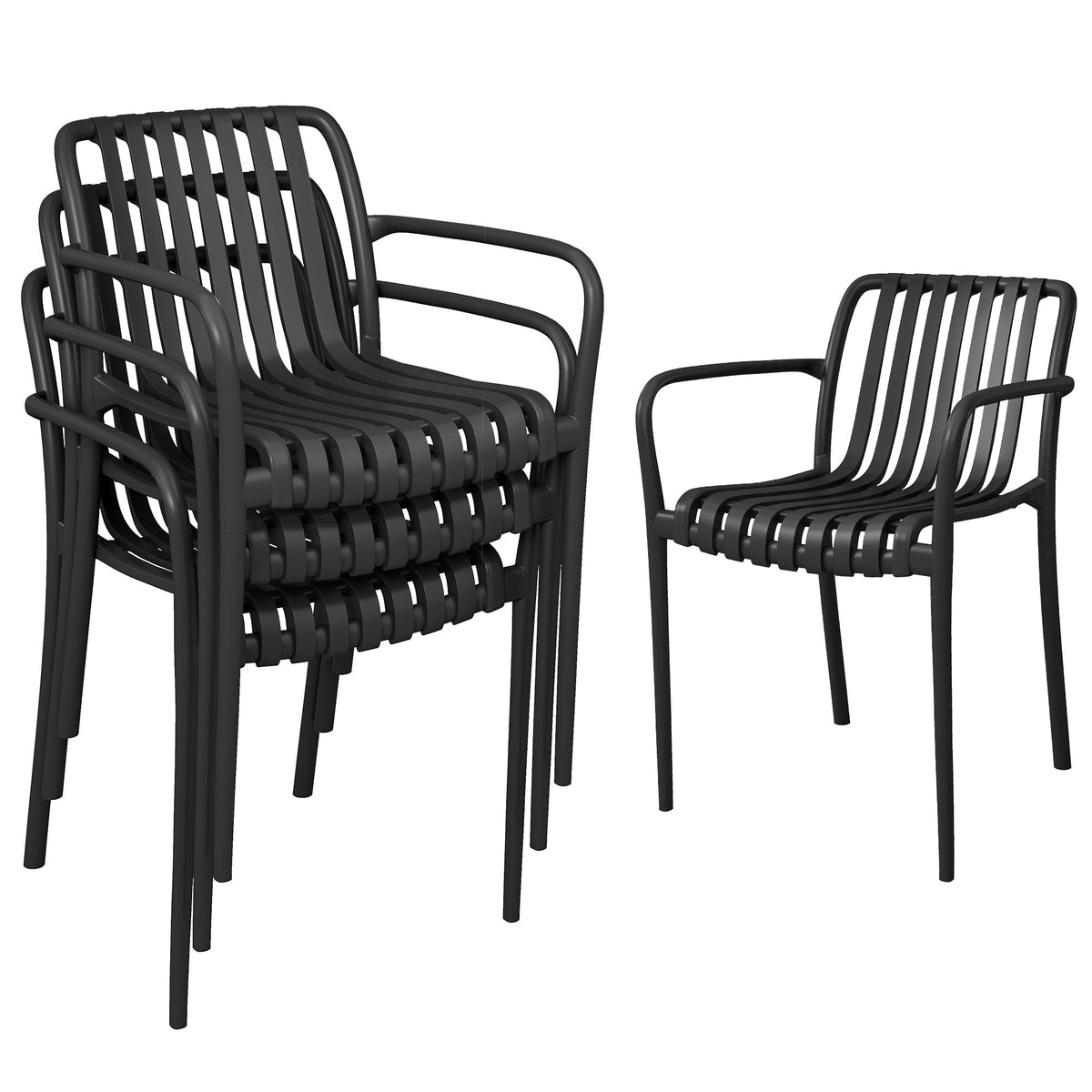 Stackable Patio Dining Chairs 4-Pack, Plastic Curved Back with Armrests, Black — product view 1