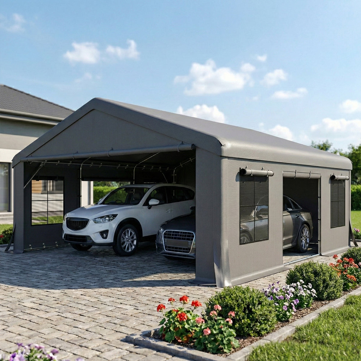 20' x 20' Heavy Duty Carport with 3 Roll-Up Doors, Dark Gray — product view 4