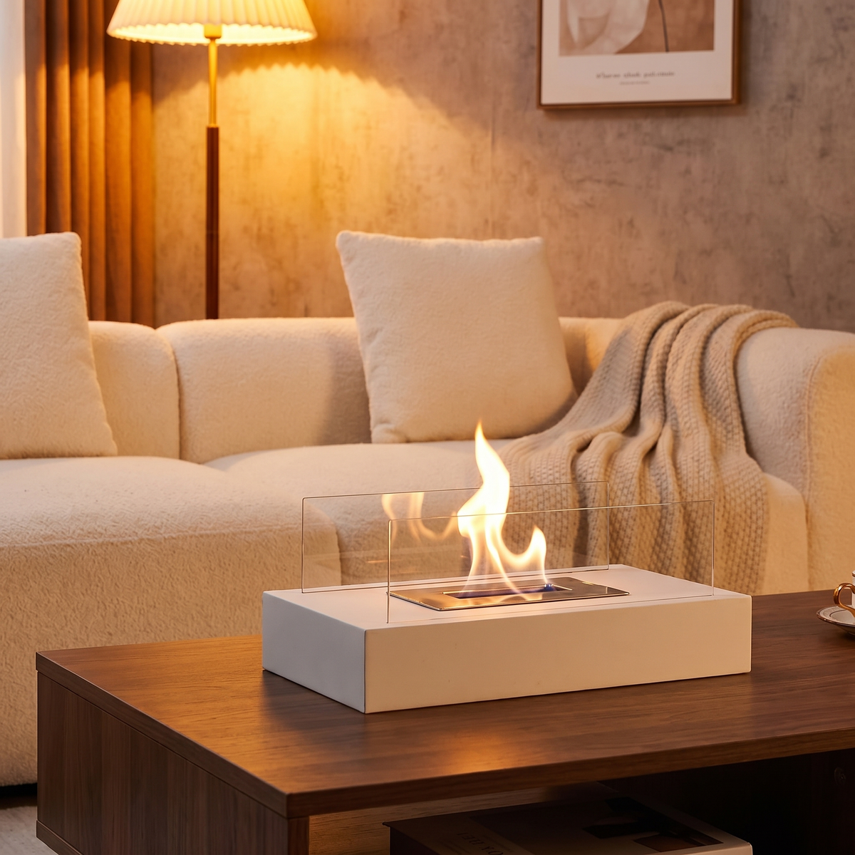 Tabletop Fireplace, Real Flame, Metal and Tempered Glass, Black or White — product view 1