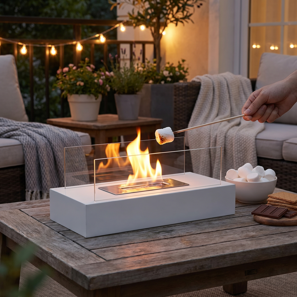 Tabletop Fireplace, Real Flame, Metal and Tempered Glass, Black or White — product view 4