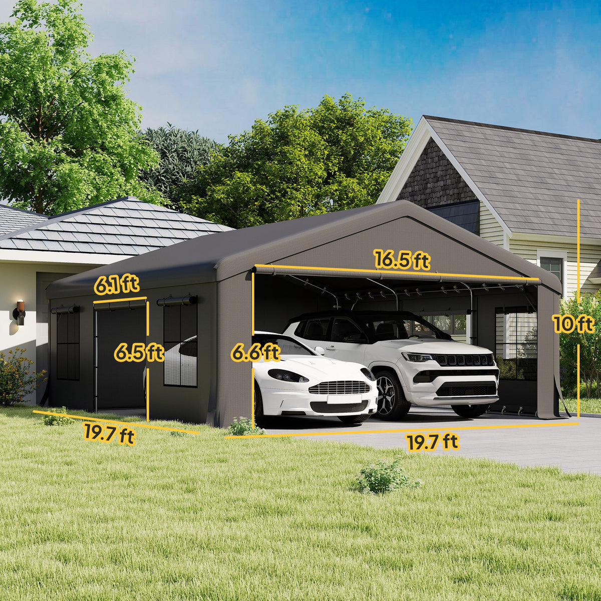 20' x 20' Heavy Duty Carport with 3 Roll-Up Doors, Dark Gray — product view 5