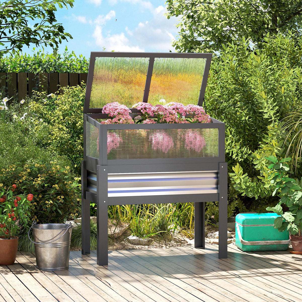 Raised Garden Bed with Flip-Up Greenhouse Top and Legs, Gray — product view 4