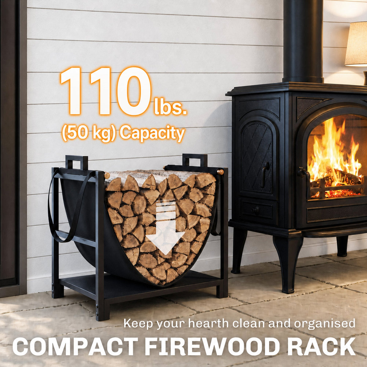 19 Inch Heavy Duty Steel Firewood Rack with Canvas Carrier for Indoor Fireplace Storage, Black — product view 7