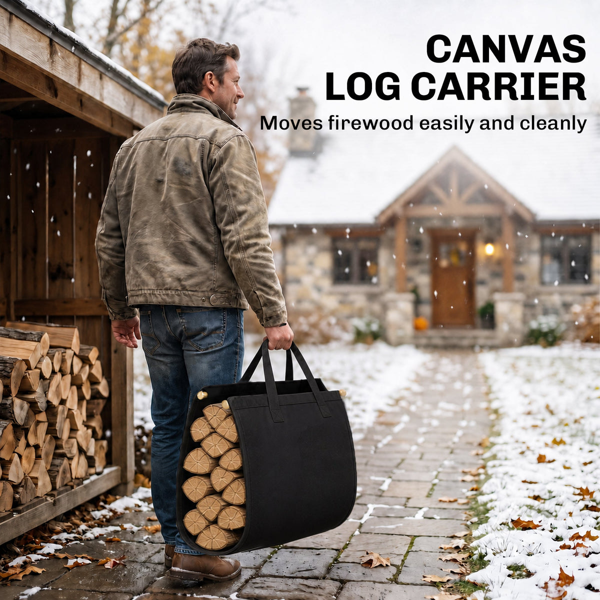 19 Inch Heavy Duty Steel Firewood Rack with Canvas Carrier for Indoor Fireplace Storage, Black — product view 6
