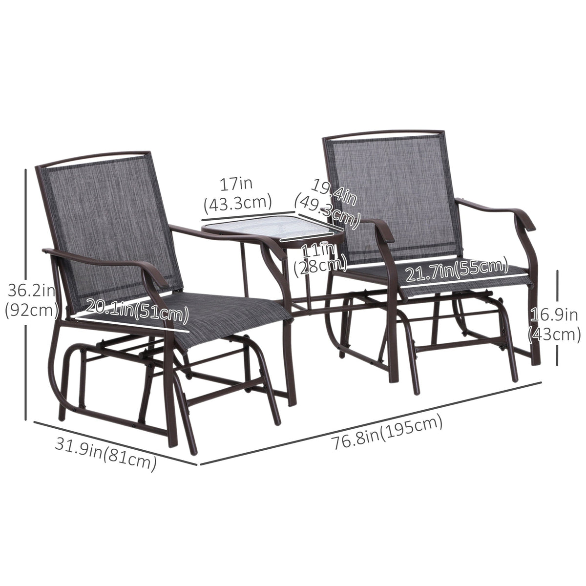 Double Patio Glider Chair with Glass Top Center Table, All Weather Breathable Mesh Fabric, Grey — product view 5