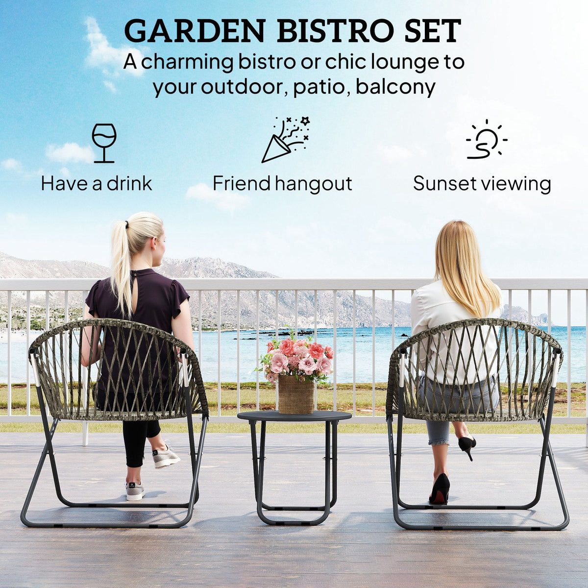 3 Piece Patio Bistro Set with Folding Rattan Chairs, Grey — product view 6