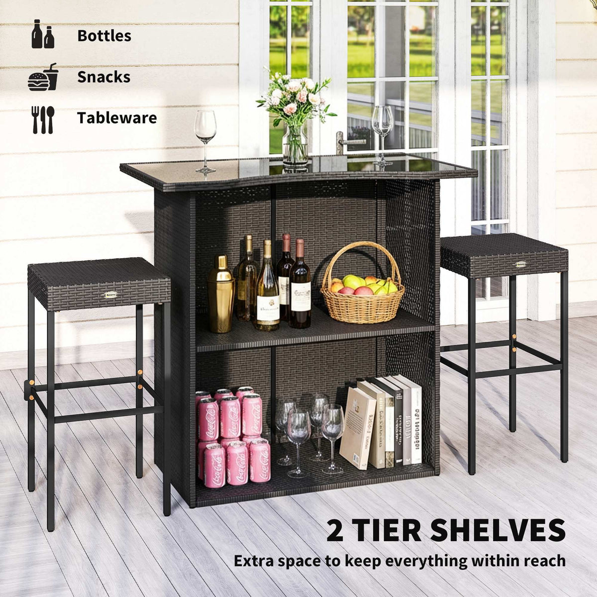 5 Piece Outdoor Wicker Bar Set with Glass Top Table and 4 Stools, Dark Brown — product view 6