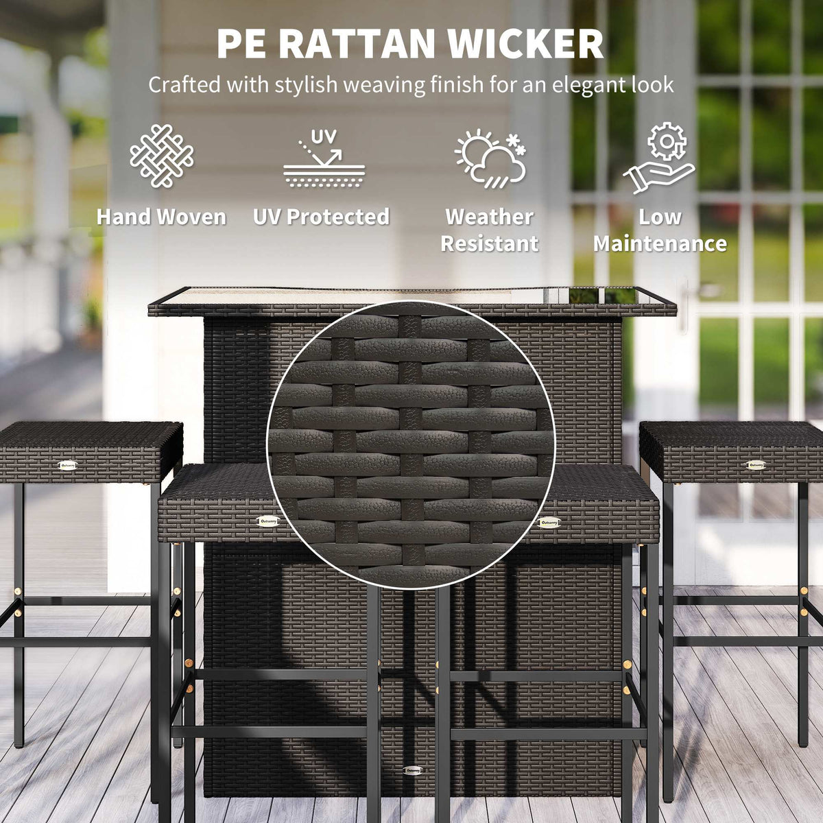 5 Piece Outdoor Wicker Bar Set with Glass Top Table and 4 Stools, Dark Brown — product view 7