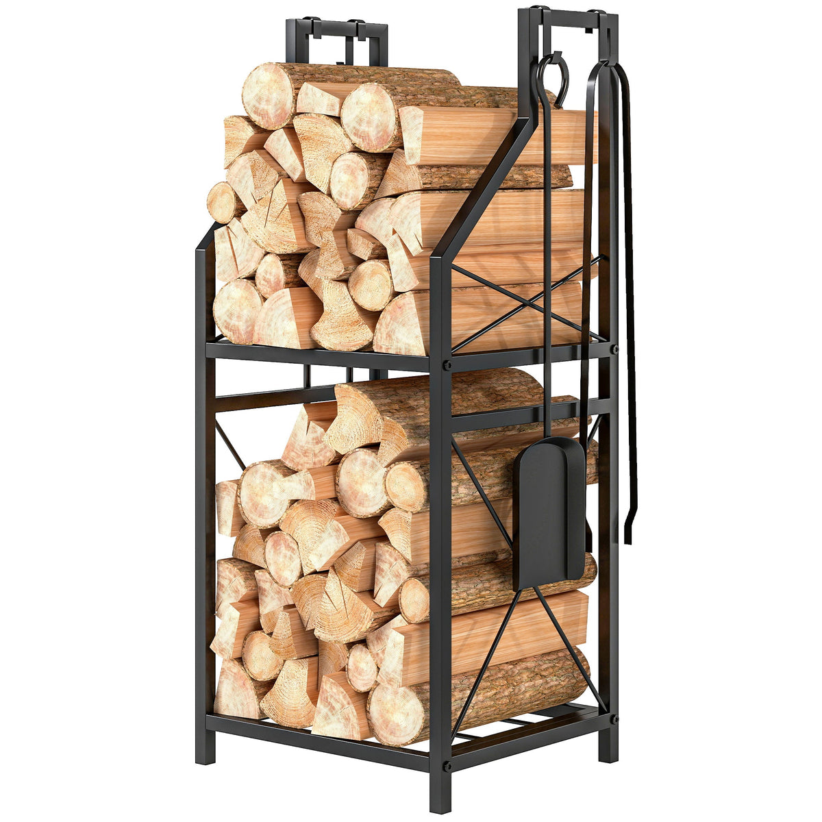 13 in 2-Tier Firewood Log Rack with Hooks & 4 Fireplace Tools, Black — product view 2