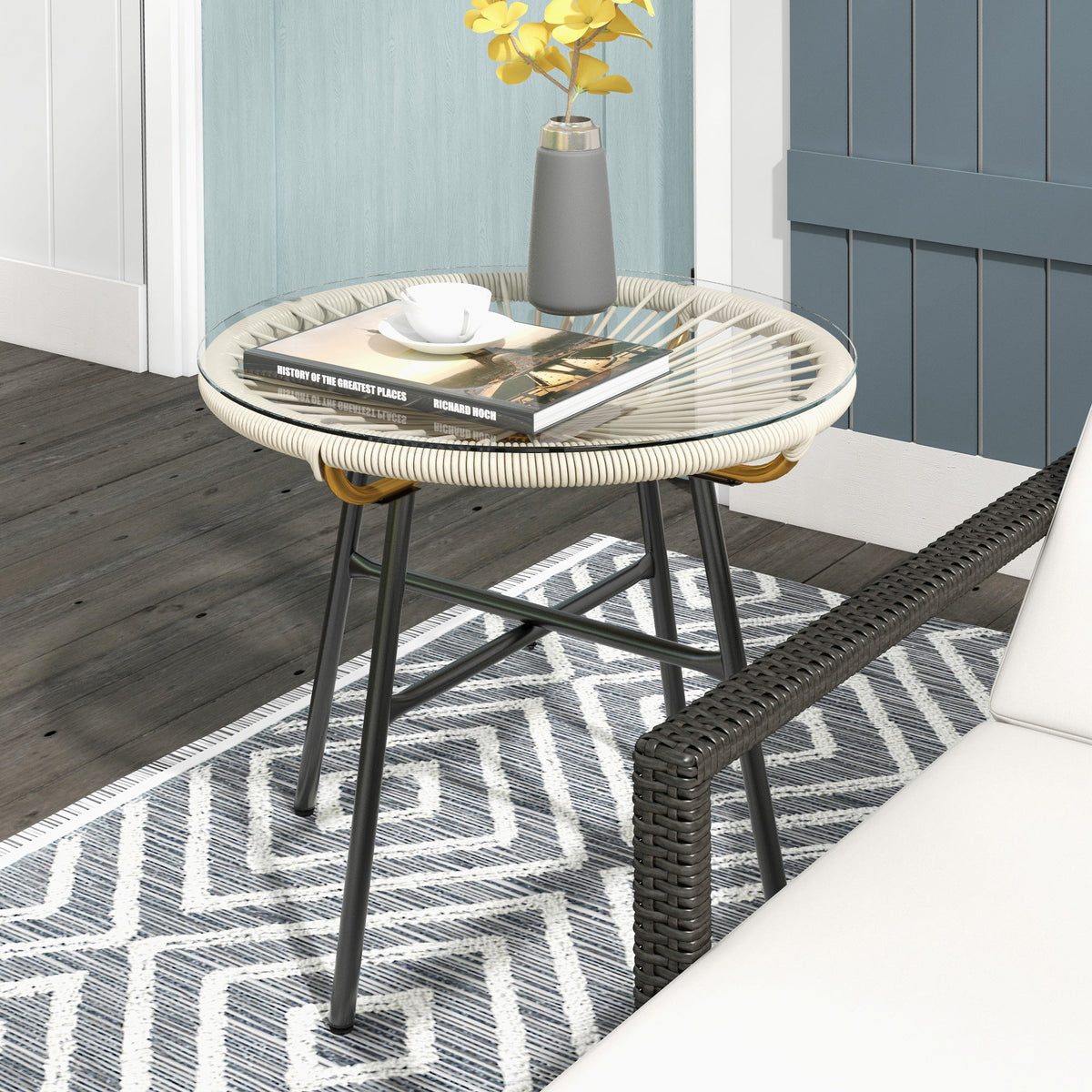 Round Rattan Side Table with Tempered Glass Top, Cream White — product view 3