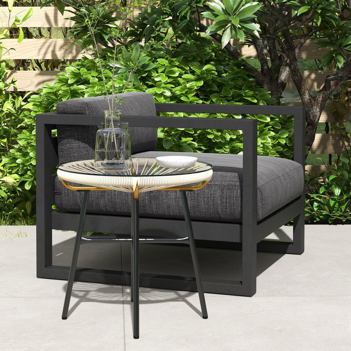 Round Rattan Side Table with Tempered Glass Top, Cream White — product view 4