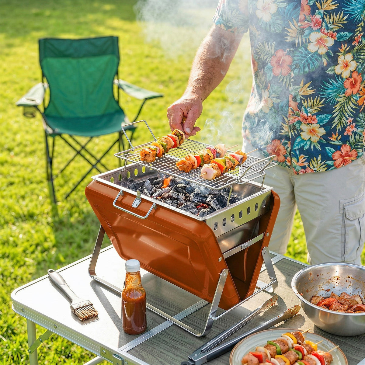 Folding Portable Charcoal BBQ Grill with Handle and Foldable Legs, Orange — product view 3