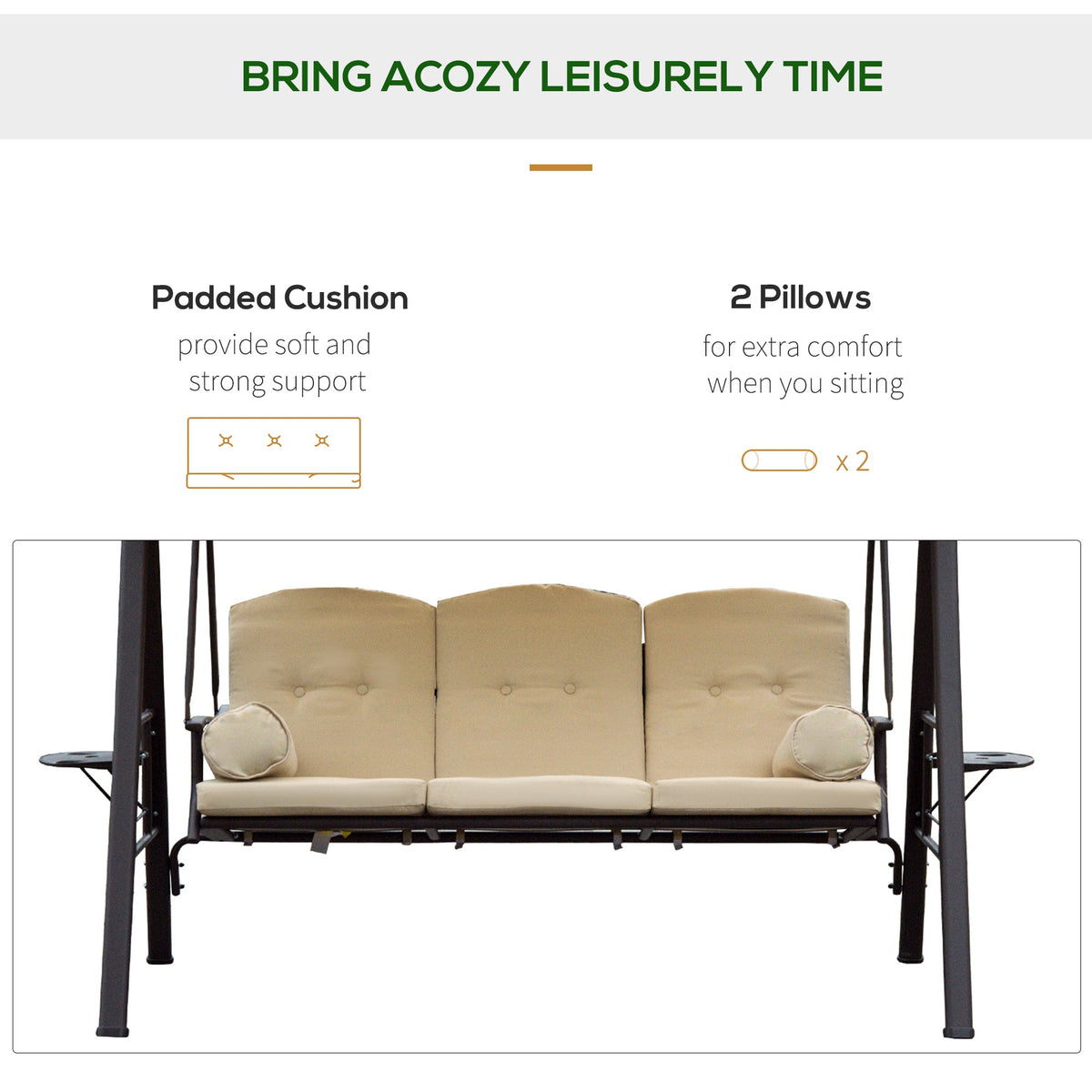 3 Seater Canopy Swing Chair with Cushions & Cup Trays, Beige — product view 7