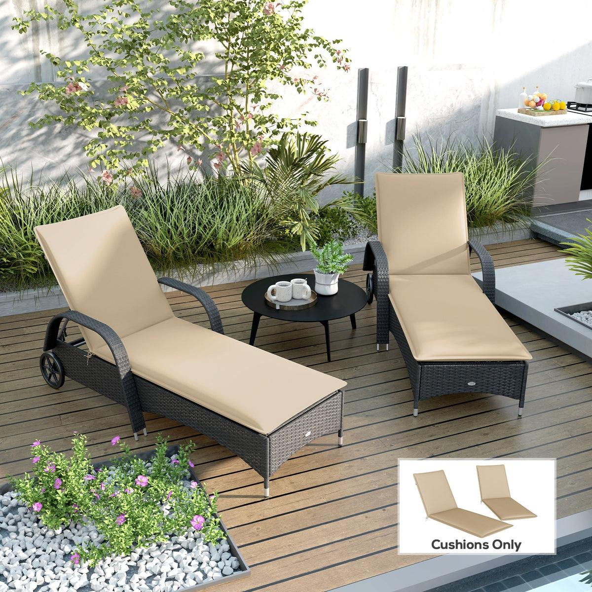 2-Piece Outdoor Lounge Chair Cushions, 76" x 23", Beige — product view 3
