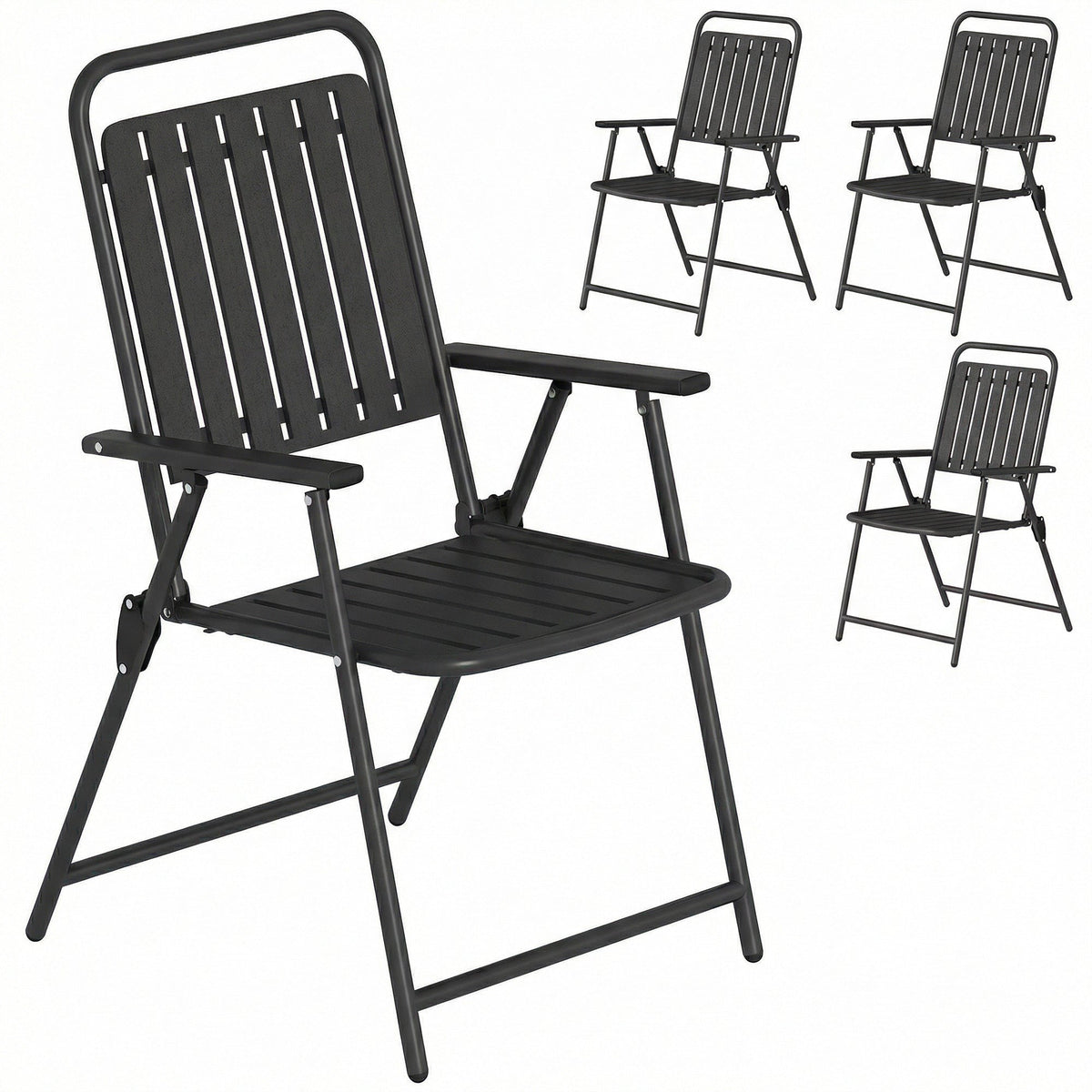 Set of 4 Folding Garden Chairs with Armrests and Slatted Seat, Black — product view 1