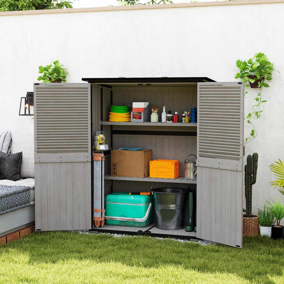 Wood Outdoor Storage Cabinet with Lock and Shelves, Gray — product view 4